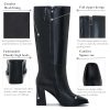 Women's Slim Calf Knee High Boots – Square Toe Block Heel Dress Boots, Side Zip Faux Leather Tall Boots for Narrow Calves, Fall