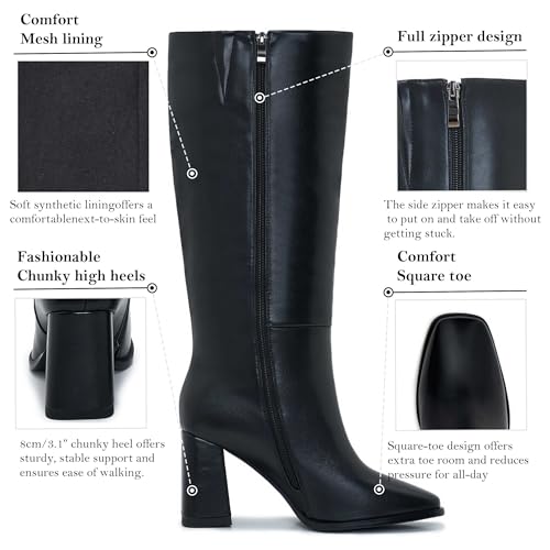 Women's Slim Calf Knee High Boots – Square Toe Block Heel Dress Boots, Side Zip Faux Leather Tall Boots for Narrow Calves, Fall