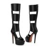 Platform Knee High Sandals for Women, Gladiator Open Toe Summer Boots Black Heels Sandal Booties, Sexy Style for Party, Black
