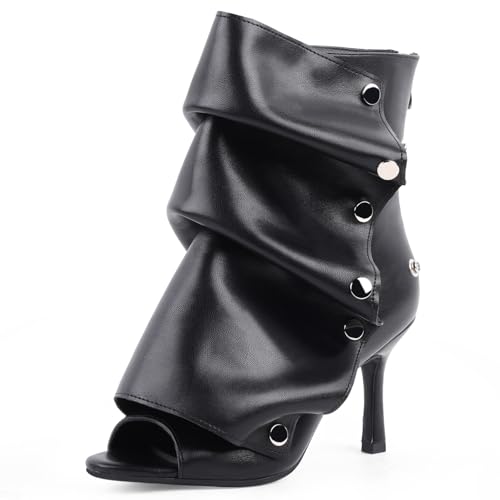 Open Toe Ankle Boots, Black Stiletto High Heels Slouchy Summer Boots Fold Over Slouch Shark Peep Toe Booties for Office Party,