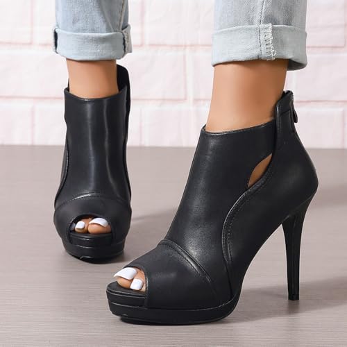 Open Toe Booties for Women Black High Stiletto Heels Open Toe Sexy Ankle Boot Fashion Heeled Sandals with Back Zipper, US Size