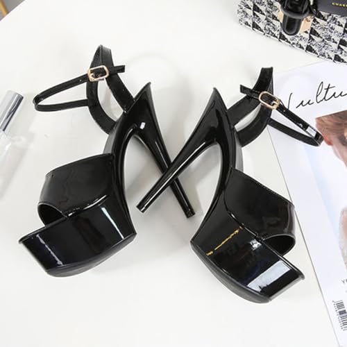 Women's Platform Stiletto Sandals, 6 Inch High Heel, Patent Black, Ankle Strap