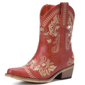Cowboy Boots for Women - Western Embroidered Cowgirl Boots with Sparkly Rhinestone, Pointed Toe Chunky Heel Side Zipper Vintage