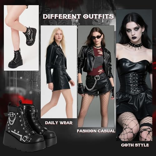 Platform Boots for Women Goth Boots Ankle Boot Side Zip Round Toe Wedge Buckle Combat Rave Boot Chunky High Heels Motorcycle