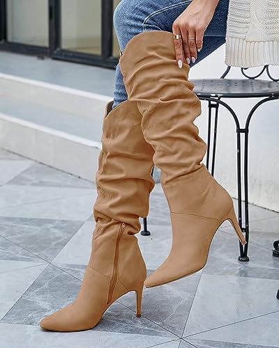 Womens Knee High Boots Faux Suede Almond Toe Stiletto High Heel Slouchy Side Zipper Booties