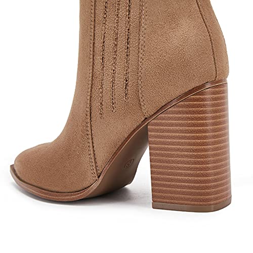 Womens Pointed Toe Slip on Ankle Booties Stacked Mid Block Heel Shoes Faux Leather Boots