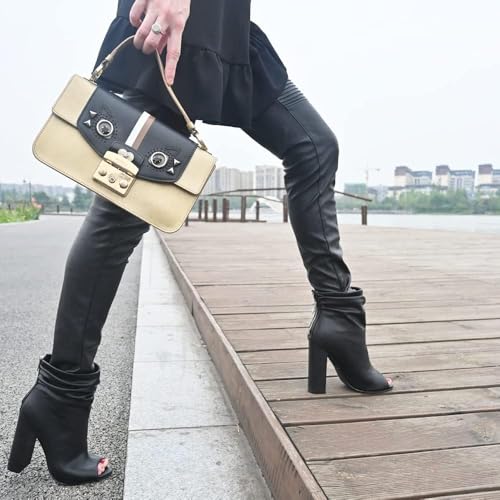Women Stylish Peep Toe Slouch Ankle Boots Chunky Stacked Heels Party Prom Nightclub Evening Dress Shoes Size 4-15 US