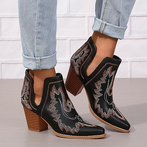 Cowboy Boots for Women Cowgirl Ankle Western Embroidered Stitched Pointed Toe Cutout Chunky Heels Short Booties Red Brown Black