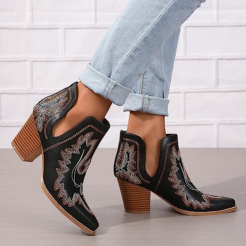 Cowboy Boots for Women Cowgirl Ankle Western Embroidered Stitched Pointed Toe Cutout Chunky Heels Short Booties Red Brown Black