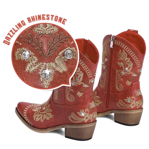 Cowboy Boots for Women - Western Embroidered Cowgirl Boots with Sparkly Rhinestone, Pointed Toe Chunky Heel Side Zipper Vintage
