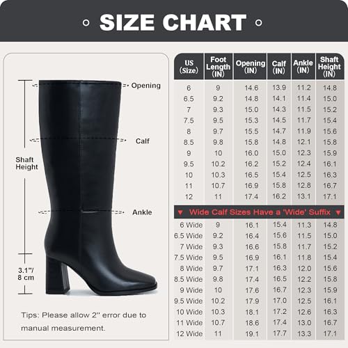 Women's Slim Calf Knee High Boots – Square Toe Block Heel Dress Boots, Side Zip Faux Leather Tall Boots for Narrow Calves, Fall