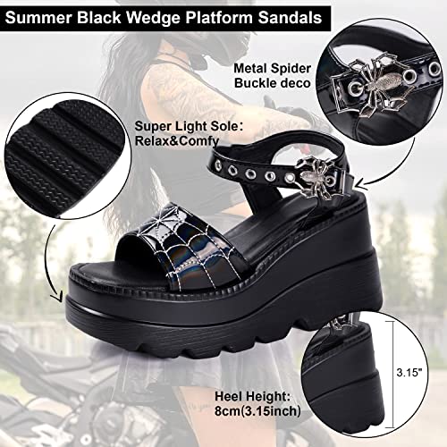 women black platform sandals goth chunky wedge heel summer sandals girls gothic punk platform sandals for women metallic spider