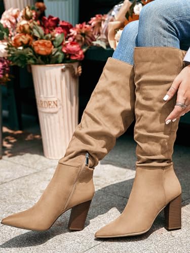 Womens Faux Suede Knee High Boots Pointed Toe High Chunky Heel Side Zipper Party Dress Booties