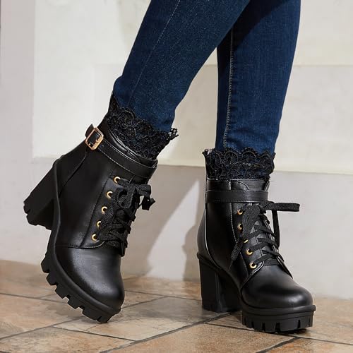 Women's Chunky Platform High Heel Boots Lace Up Gothic Ankle Booties Block Heel Buckle Punk Shoes