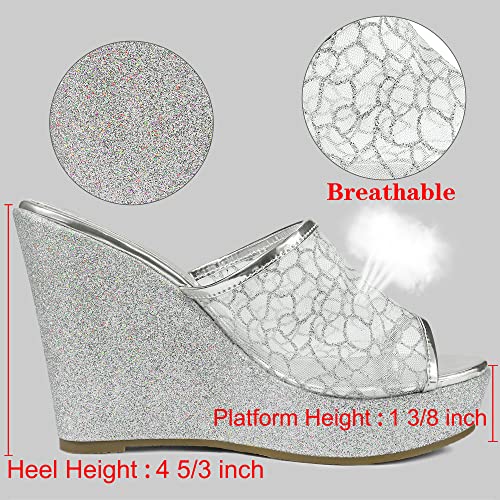 Women's Glitter Platform Heels Slide Wedge Sandals