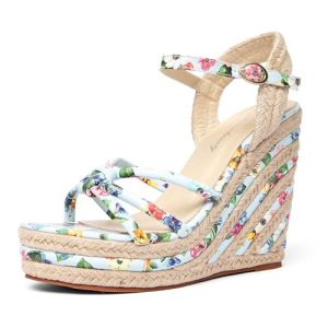 Women's Espadrille Wedge Sandals Flower Pattern Ankle Strap Open Toe Platform High Heel Sandals Dress Shoes