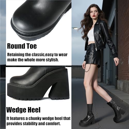 Womens Wedge Heel Ankle Boots Platform Zipper Punk Motorcycle Booties Chunky Block High Heel Round Toe Fashion Work Combat Boots