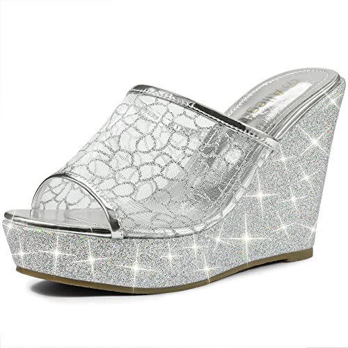 Women's Glitter Platform Heels Slide Wedge Sandals