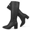 Rhinestone/PU Low Chunky Pointed Toe Knee High Boots for Women with Full Bling Sparkly Crystals Booties for Wedding Party Date