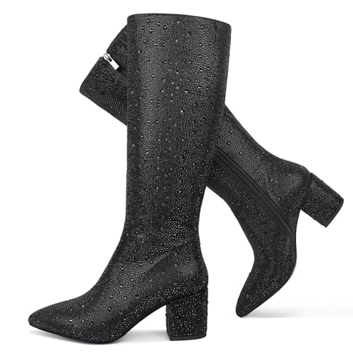 Rhinestone/PU Low Chunky Pointed Toe Knee High Boots for Women with Full Bling Sparkly Crystals Booties for Wedding Party Date